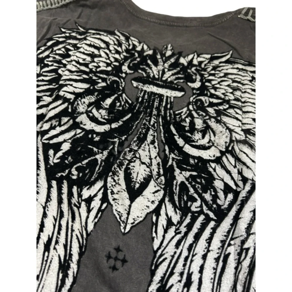 Raw State Mens XL V-Neck T-Shirt Faded Black Winged Cross Flocked Graphic Y2K